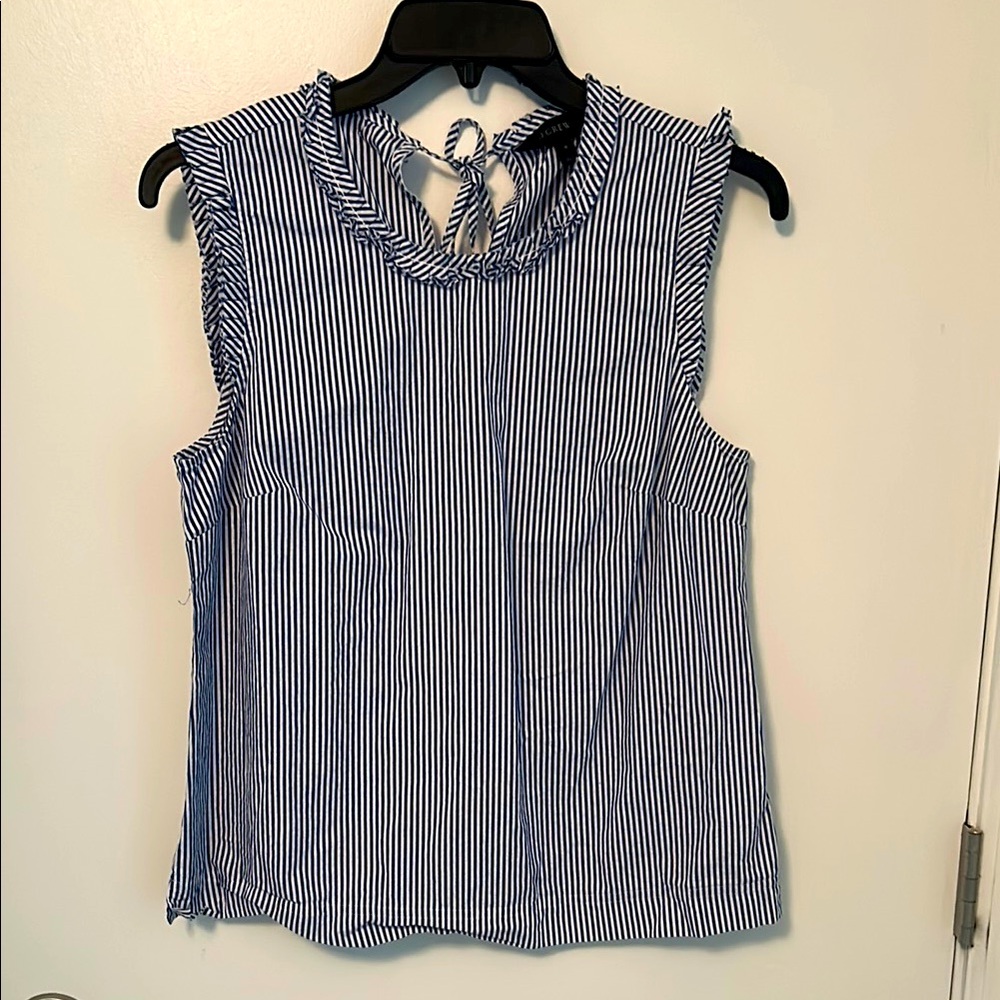 J. Crew Sleeveless Blue and White Striped Ruffled Tie Back Blouse